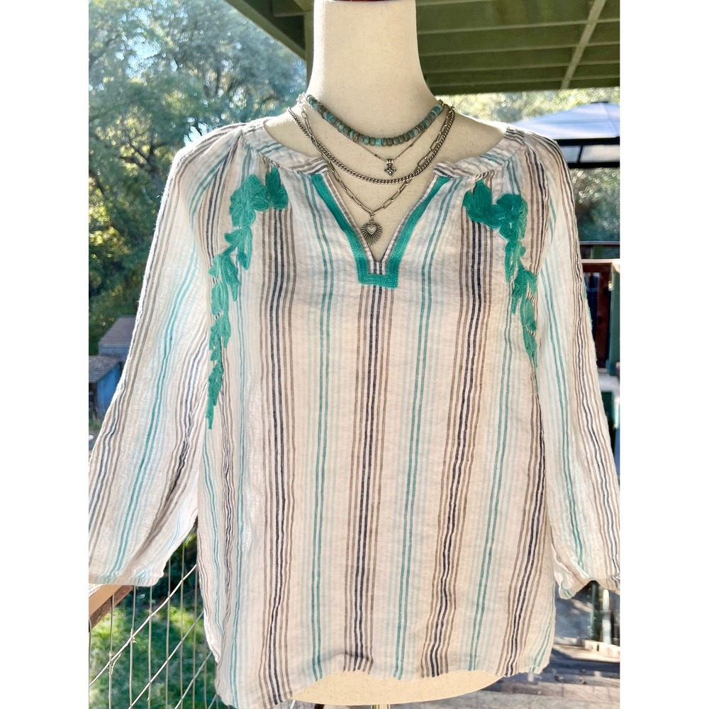 J. Jill Love Linen Embroidered Striped Tunic Blouse Blue Tan White Small